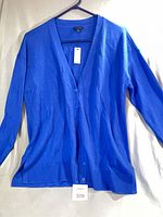 Full view of blue Talbots cardigan on hanger