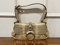 Front view of golden python and eel leather Dolce & Gabbana baguette bag showing buckle and ring detail