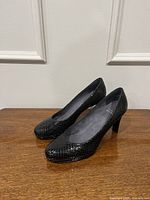 Pair of pumps side view on wooden surface showing overall appearance and texture