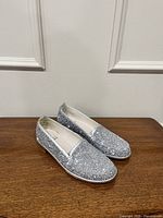 Pair of silver glitter loafers side view