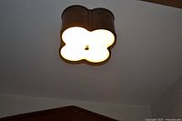 Light fixture illuminated, showing clover shape and frosted glass
