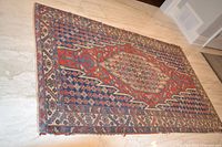 Full view of rug laid on floor showing pattern and fringe