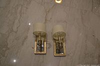 Both wall sconces laid flat showing shades, wall plates, finish and wiring