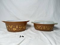 Front view of both brown Early American casseroles