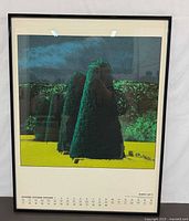 Full view of framed silkscreen print showing image and calendar text