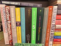 Full row of cookbooks showing spines for identification