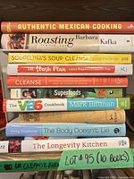 Front view of stacked cookbooks showing titles and spines