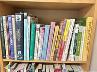 Entire top shelf showing roughly two dozen assorted books