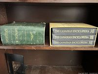 Dictionary and encyclopedia set on shelf