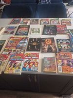 Full layout of books and comics on countertop