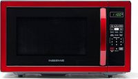 Front view of red Farberware microwave showing door, handle, control panel and LED display