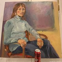 Full view of the oil painting with scale reference cola can