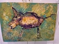 Front view of textured oil painting of animal on green background