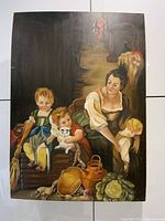 Full view of unframed Italian oil painting showing family scene