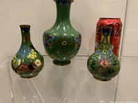 Three cloisonné vases side view with Coke can for scale