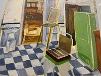 Close-up of painting showing interior scene details (green fridge, easel, suitcase, checkered floor)