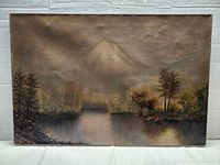 Front view of entire painting showing mountain, lake and trees