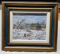 Front view of framed winter scene oil painting