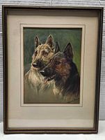Front view of framed painting showing dog portrait, mat and frame