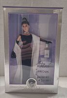 Front view of boxed Audrey Hepburn Barbie doll