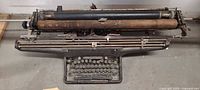Full top view of Underwood typewriter with extra-wide carriage and keyboard visible