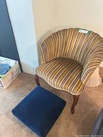 Side chair with striped velvet upholstery and blue footstool
