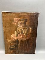 Full view of unframed oil painting showing woman at table