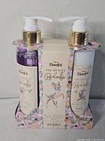 Front view of sealed Disney Bambi hand wash and hand cream set in floral caddy