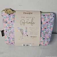 Front view of Disney Bambi pamper set in floral cosmetic bag