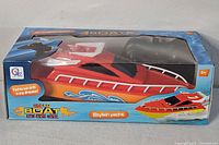 Front angled view of boxed QZ Speed Boat toy