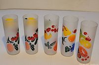 Five Federal frosted fruit tumblers front view
