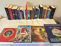 Full view of entire lot showing back row of YA novels and front row of four large illustrated books