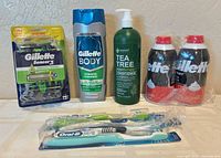 Group shot of all toiletries showing brands and quantities