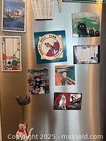 Close view of magnets on fridge front