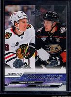 Front of 2023 Upper Deck Series Two Young Guns Checklist #500 card featuring Connor Bedard and Leo Carlsson