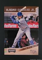 Front of Vladimir Guerrero Jr. rookie card showing player image, card number and RC logo