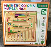 Front of boxed Melofaver magnetic color & number maze showing graphics and branding