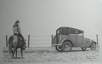 Full view of unframed print showing cowboy, horse and vintage car