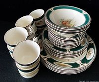 Stacked view of plates, bowls and cups displaying pattern and quantity