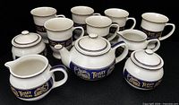 Full set laid out: teapot, 2 creamers, 2 sugar bowls with lids, 6 mugs