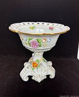 Front view of Dresden porcelain compote showing floral decoration, pierced rim and pedestal base