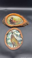 Front view of both pheasant plaques showing paintings and wood slabs