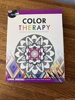 Front of SpiceBox Color Therapy kit packaging showing design types and marker count