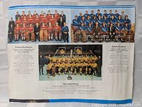 full calendar page showing three team photographs and captions