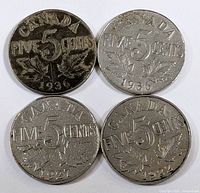 Front view of four Canadian five-cent coins showing dates