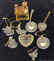 Group shot of all ornaments, dish, and church music box