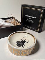 Dish in front of original box with packing material visible