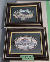 Two framed prints stacked, showing frames, mats and note of size