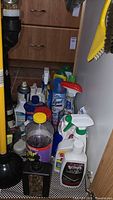 Cleaning bottles, soap dispenser and cleaners in cabinet