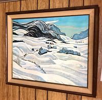 Full view of framed winter landscape painting on wall